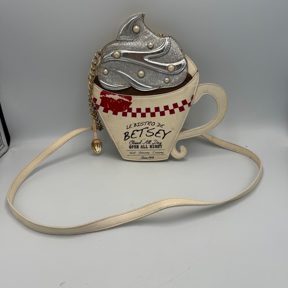 Betsey Johnson Le Bistro De Betsey Coffee Cup Crossbody Bag Cream Silver Spoon